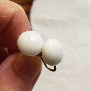 Vintage 1950's Japan White Milk Glass Screw Back Brass Button Earrings